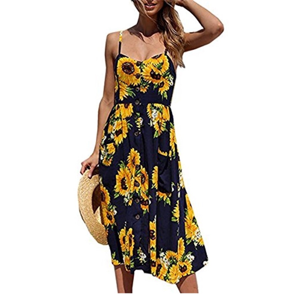 Floral Button Down Spaghetti Strap Dress w/Pockets